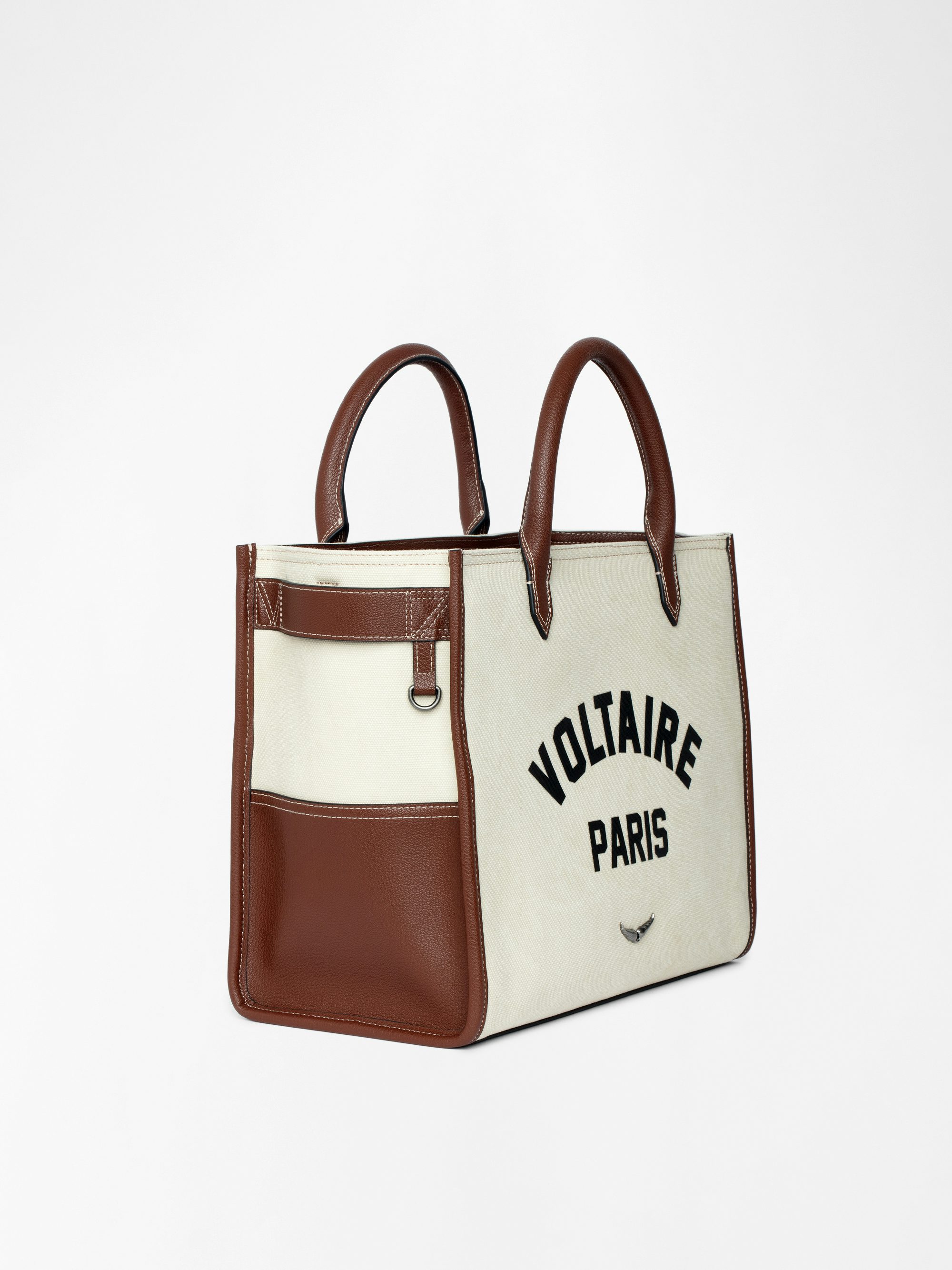 Angel Tote - Canvas and grained leather tote bag with double handles, shoulder strap and wing signature.